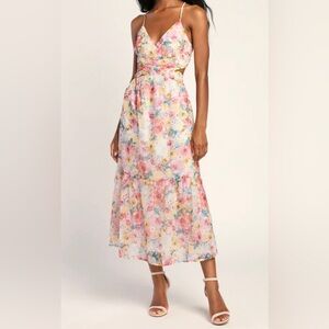 Lulu’s Flower Fields Pink Multi Floral Print Lace-Up Midi Dress